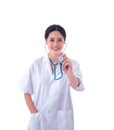 Portrait of Asian young woman doctor in uniform and stethoscope on neck. looking at camera with smiling isolated on white backgrou Royalty Free Stock Photo