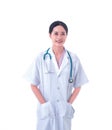 Portrait of Asian young woman doctor in uniform and stethoscope on neck. thinking and looking at camera with smiling isolated on w Royalty Free Stock Photo