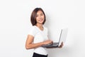 Portrait asian young woman holding laptop computer on white background Royalty Free Stock Photo