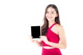 Portrait of asian young woman with red dress standing showing blank screen tablet.