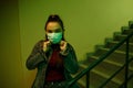 Portrait of an Asian young woman. stairwell of the hospital. the girl wears a mask to avoid getting infected with the virus