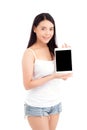 Portrait of asian young woman standing showing blank screen tablet Royalty Free Stock Photo