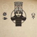 Portrait of the Assyrian man. Character of Sumer mythology. Space symbols. A background - imitation of old paper. Royalty Free Stock Photo