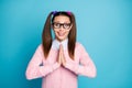 Portrait of astonished excited girl impressed good grades have her dream enter abroad courses wear pastel sweater Royalty Free Stock Photo