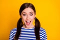 Portrait of astonished positive girl hear wonderful black friday bargain impressed scream wear good look outfit isolated Royalty Free Stock Photo