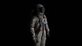 Portrait of astronaut cosmonaut on black background looking into distance. 3d render