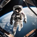 A portrait of an astronaut floating weightlessly in space, gazing at the Earth2