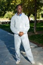 Athletic african american male standing before training in park Royalty Free Stock Photo