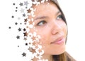 A portrait of an attractive asian woman combined with image of stars