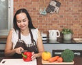 Attractive Asian woman cooking in the kitchen with vegetable, capsicum, carrot and Broccoli. cutting capsicum, smiling happily.