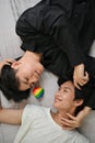 Portrait of attractive asian young gay men couples laying on bed together. Asian LGBT Royalty Free Stock Photo