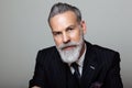 Portrait of attractive bearded gentleman wearing trendy suit over empty gray background. Studio shot, fashion concept.