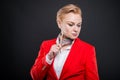 Portrait of attractive business woman holding pencil and thinkin Royalty Free Stock Photo