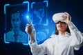 Portrait of attractive businesswoman with VR glasses and face recognition hologram on blurry blue background. Face ID and password Royalty Free Stock Photo