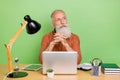 Portrait of attractive calm intellectual grey-haired man making management decision isolated over green color background