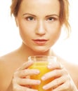 woman isolated shot drinking orange juice Royalty Free Stock Photo