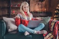 Portrait of attractive cheerful girl sitting on divan using laptop calling friend at home modern loft industrial