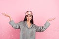 Portrait of attractive cheerful girl throwing confetti having fun hen party  over pink pastel color background Royalty Free Stock Photo