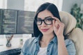 Portrait of attractive cheery skilled intelligent experienced girl tech expert web deisgner touching specs at workplace