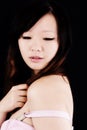 Portrait Chinese American Woman Eyes Closed Black Background