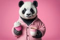 Portrait of attractive confident panda on pink background holding takeaway coffee and cupcake. Generative AI