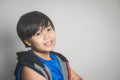 Portrait of Attractive cute little Young Asian Boy posting action and smile, Thai race, wearing hood shirt, Isolate on White Royalty Free Stock Photo