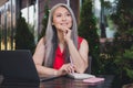 Portrait of attractive dreamy cheerful grey-haired woman using laptop fantasizing realestate agent broker outdoors