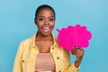 Portrait of attractive girl holding pink card copy space saying info isolated over bright blue color background Royalty Free Stock Photo