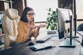 Portrait of attractive girl human resources leader partner developing project talking video call at workplace Royalty Free Stock Photo