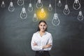 Portrait of attractive happy smiling young european businesswoman with folded arms standing on chalkboard wall background with Royalty Free Stock Photo