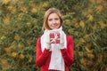 Attractive happy young woman with Christmas gift box, fir tree bokeh background Royalty Free Stock Photo