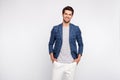 Portrait of attractive man worker wear checkered blue outift modern blazer jacket isolated over white background Royalty Free Stock Photo