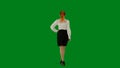 Portrait of attractive office girl on chroma key green screen. Woman in skirt and blouse walking cutely. Back view.