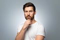 Portrait of attractive perfect well-groomed middle aged man touching chin and looking at camera, grey background Royalty Free Stock Photo