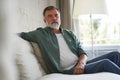 Portrait of attractive senior man sitting in sofa at home. Royalty Free Stock Photo