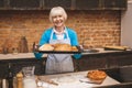 Portrait of attractive smiling happy senior aged woman is cooking on kitchen. Grandmother making tasty baking Royalty Free Stock Photo