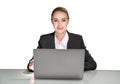 Portrait of attractive smiling young business woman in formal clothes isolated on white background sitting on desk and working on Royalty Free Stock Photo