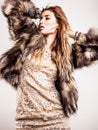 Portrait of attractive stylish woman in fur against grey background. Royalty Free Stock Photo