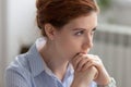 Portrait of attractive thoughtful businesswoman planning, thinking about solving problem Royalty Free Stock Photo