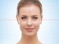 Portrait of attractive woman with a scnanning grid on her face. Face id, security, facial recognition.