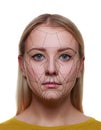 Portrait of attractive woman with a scnanning grid on her face. Face id, security, facial recognition, future technology