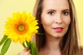 Portrait attractive woman with sunflower Royalty Free Stock Photo