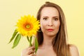 Portrait attractive woman with sunflower Royalty Free Stock Photo