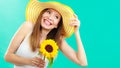 Portrait attractive woman with sunflower Royalty Free Stock Photo