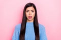 Portrait of attractive worried brown-haired girl bad mood reaction isolated over pink pastel color background Royalty Free Stock Photo