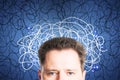 Portrait of attractive european man with abstract scribble on blue background. Question, think and confusion concept