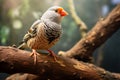 Portrait of an Australian Zebra Finch perched on a branch. Wild male exotic bird sit on a tree branch. Generative AI