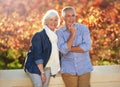 Portrait, autumn and senior couple together in nature, park or vineyard or happy, marriage in retirement or thinking