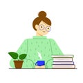 Portrait, avatar of a young woman, a stack of books on the table, a Cup of hot drink and a potted plant.