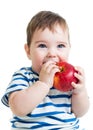 Portrait of baby boy holding and eating red apple Royalty Free Stock Photo